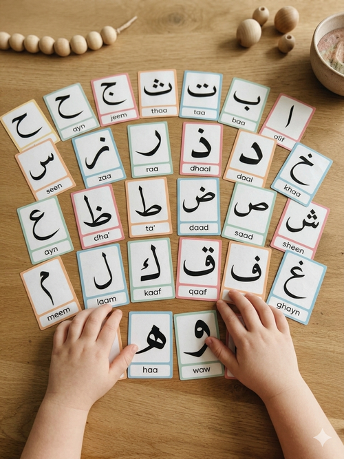 Cartes alphabet arabe étalées sur une table en bois avec des mains d'enfant