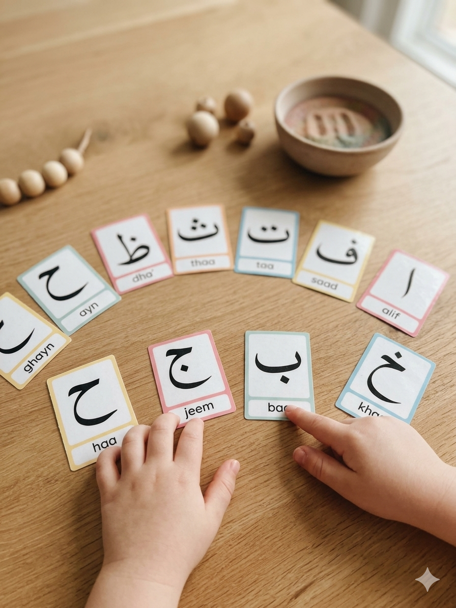 Enfant manipulant des cartes alphabet arabe colorées