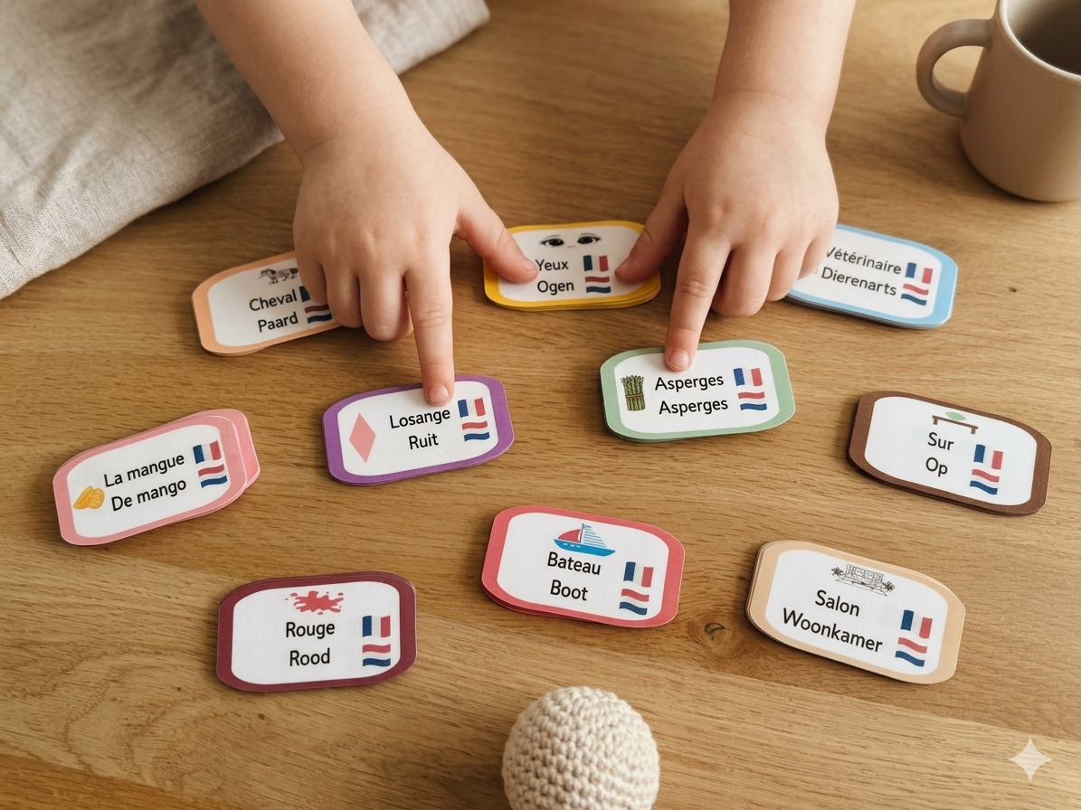 Enfant jouant avec les cartes bilingues français-néerlandais